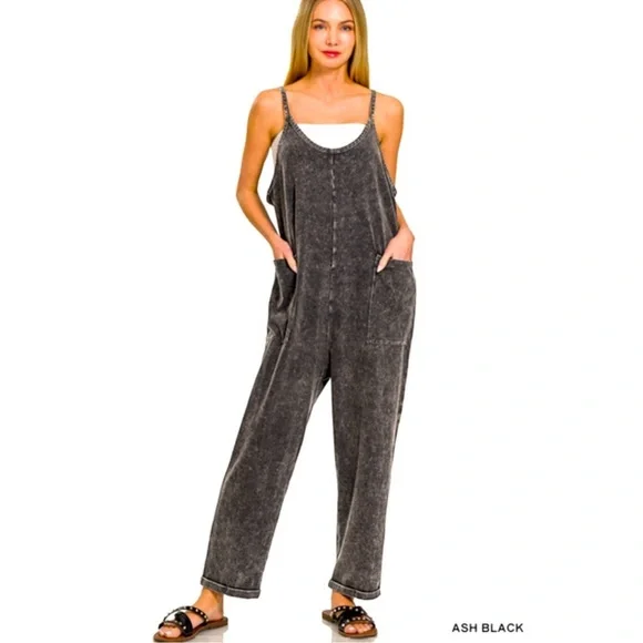 Bohemian Black Mineral Wash Jumpsuit Overalls S M L - Picture 1 of 4